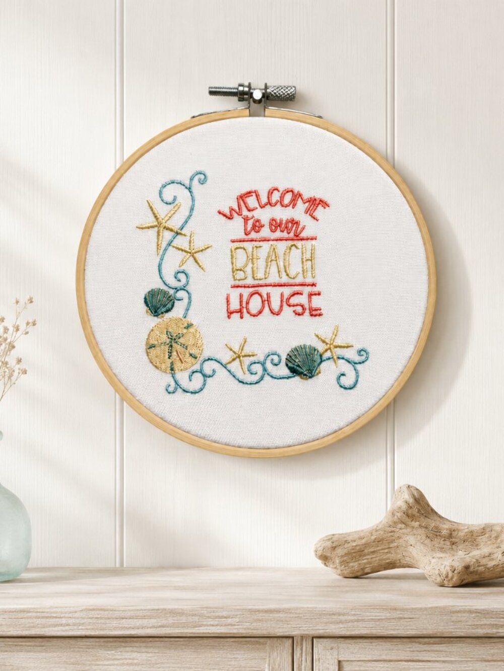 Welcome To Our Beach House Embroidery Hoop Wall Art, 6 Inch Embroidery Decor